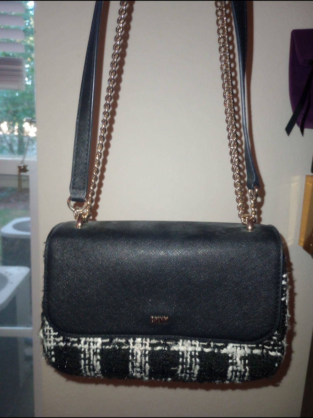 DKNY Black and White Tweed Crossbody Bag with Gold Chain